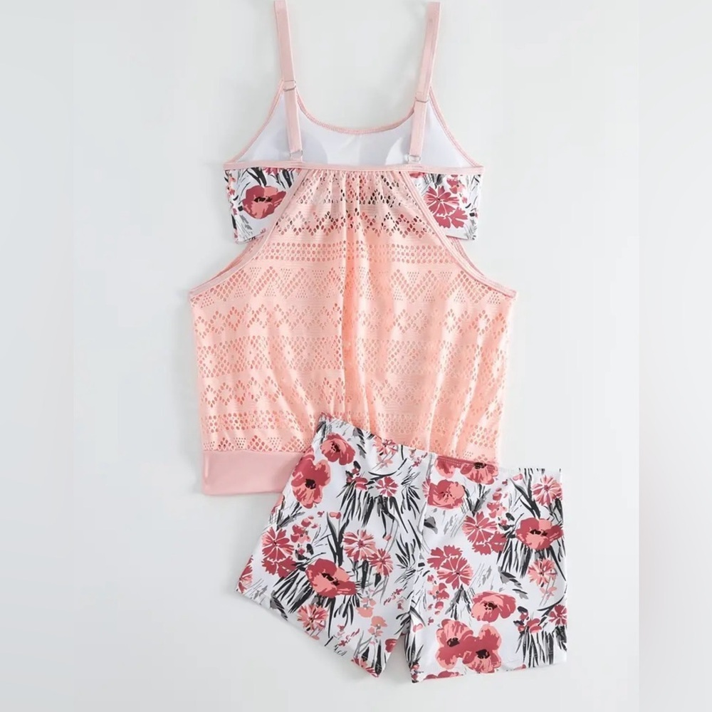 Pink Flower Print Mesh Tankini Set - Picture 8 of 14